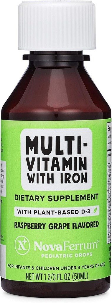 NovaFerrum Delish | Vegansk Multivitamin med jern til spedbarn, Todlere og barn | Immunstøtte | Økologisk plantebasert D-3 | Glutenfri | Vegansk verifisert | Sukkerfri | 1,69 Fl Oz (50 ml)