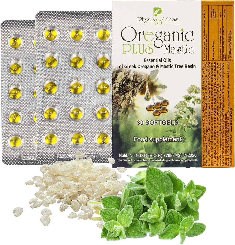 Oreganic Plus Mastic - Oregano Essential Oil Capsules & Chios Mastic Gum Oil - Wild Oregano Oil Capsules Organic - Immun Booster og Intestinal Support - Non-GMO - 30 Count Blister