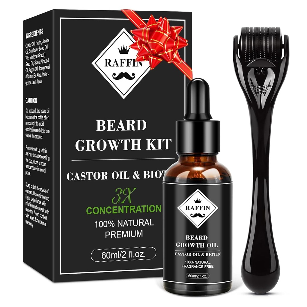 RAFFIN Beard Growth Kit, oppgradert Beard Growth Oil (2Oz) w/Maximum Tykking Biotin & Castor Olje for spot/Patchy Skjegg, Oppnå Fuller, Tykkere og sunnere Beards, Gaver til ham kjæresten ektemann pappa