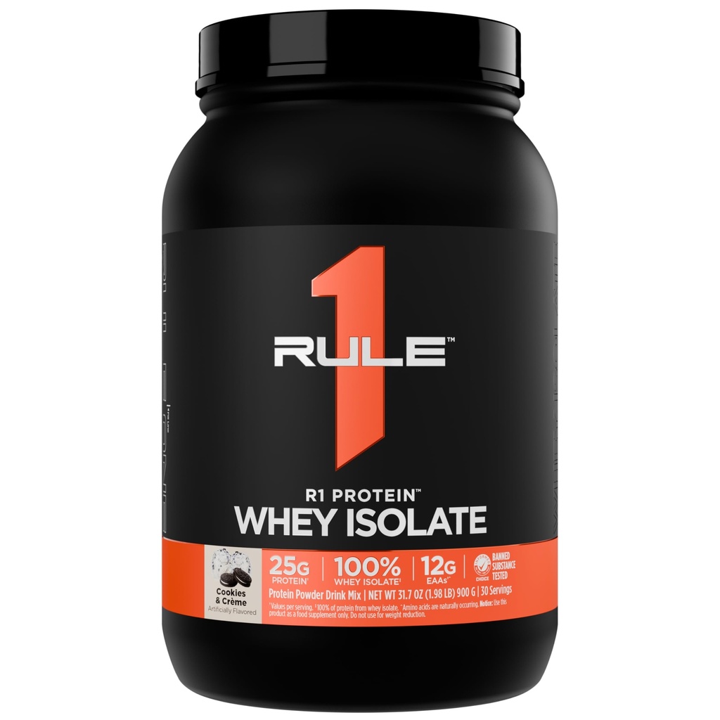 Regel 1 R1-protein Whey Isolate - med 25g Protein & 6g BCAA Eksklusivt fra Isolert & Hydrolyserte kilder til treningsgjenvinning (2 pund*, cookies og crème)