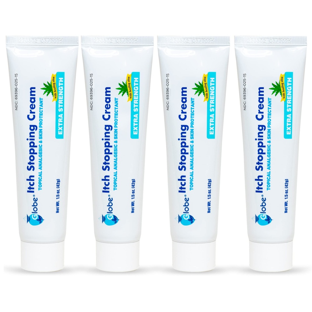 (4 Pakke) Globe Extra Styrke Itch Stoppe Anti-Itch Cream 1.5 Oz med Histamine Blocker, Diphenhydramine HCl Topisk Analgesic & Zinc Acetate hudbeskytter for relief fra de fleste utendørs Itches