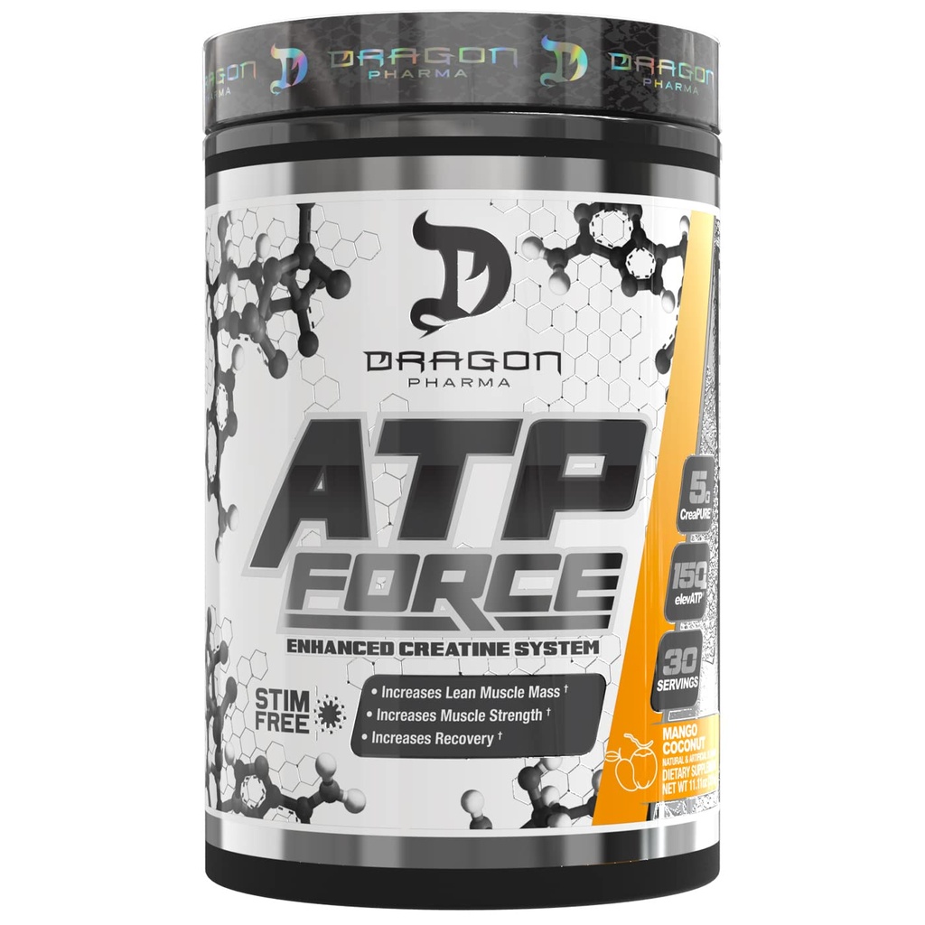 DRAGON PHARMA ATP Force forbedret kreatinsystem, Stim-fri, Øk Lean Muscle Mass & Recovery, 5 gram CreaPure, forbedrer blodstrøm (30 serveringer, Mango Coconut)