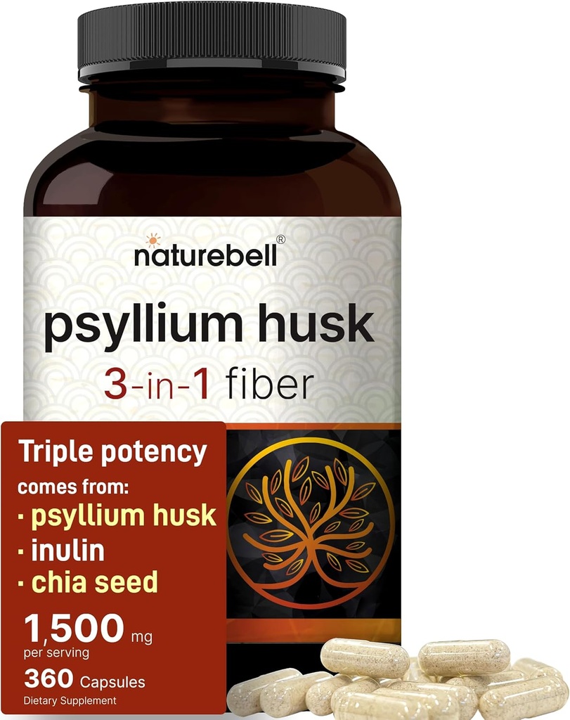 NatureBell Psyllium Husk Fiber Supplement, 1.500 mg Per Serving, 360 kapsler | med Inulin & Chia Seed | Organisk Oppløselig Fiber for Digestive & Gut Helse | Plantebasert, Ikke-GMO, Glutenfri