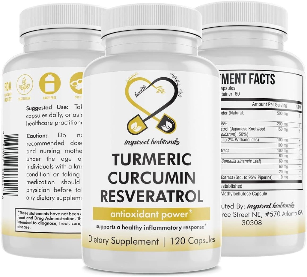 Turmeric Curcumin Resveratrol ernæringstilskudd, antioksidant egenskaper, støtter god inflammasjon og immunsystem, 120 vegan kapsler