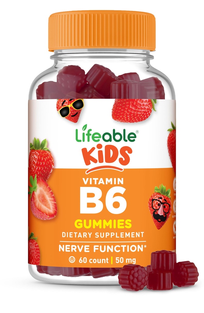 Livbar vitamin B6 Gummier for barn | Great Tasting B6 Vitaminer 50 mg | Vegansk ikke-GMO Glutenfri | for Nerve funksjonsstøtte | 60 Gummies