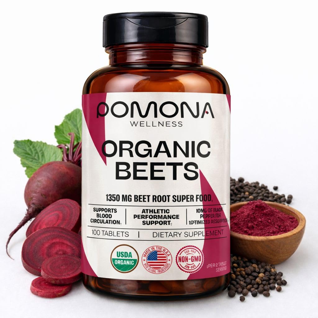 Pomona Wellness Beetroot Supplement pulver 1350mg, støtter blodtrykk, hjertehelse, sirkulasjon, energi og atletisk ytelse, USDA organisk, ikke-GMO, Vegan, 100 tabletter