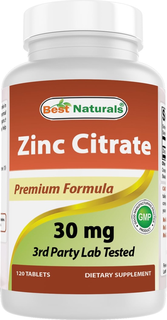 Beste Naturals Sink 30mg Kosttilskudd (som sink Citrate) - sink vitaminer for voksen immun støtte - 120 tabletter (120 greve (pakke med 1))