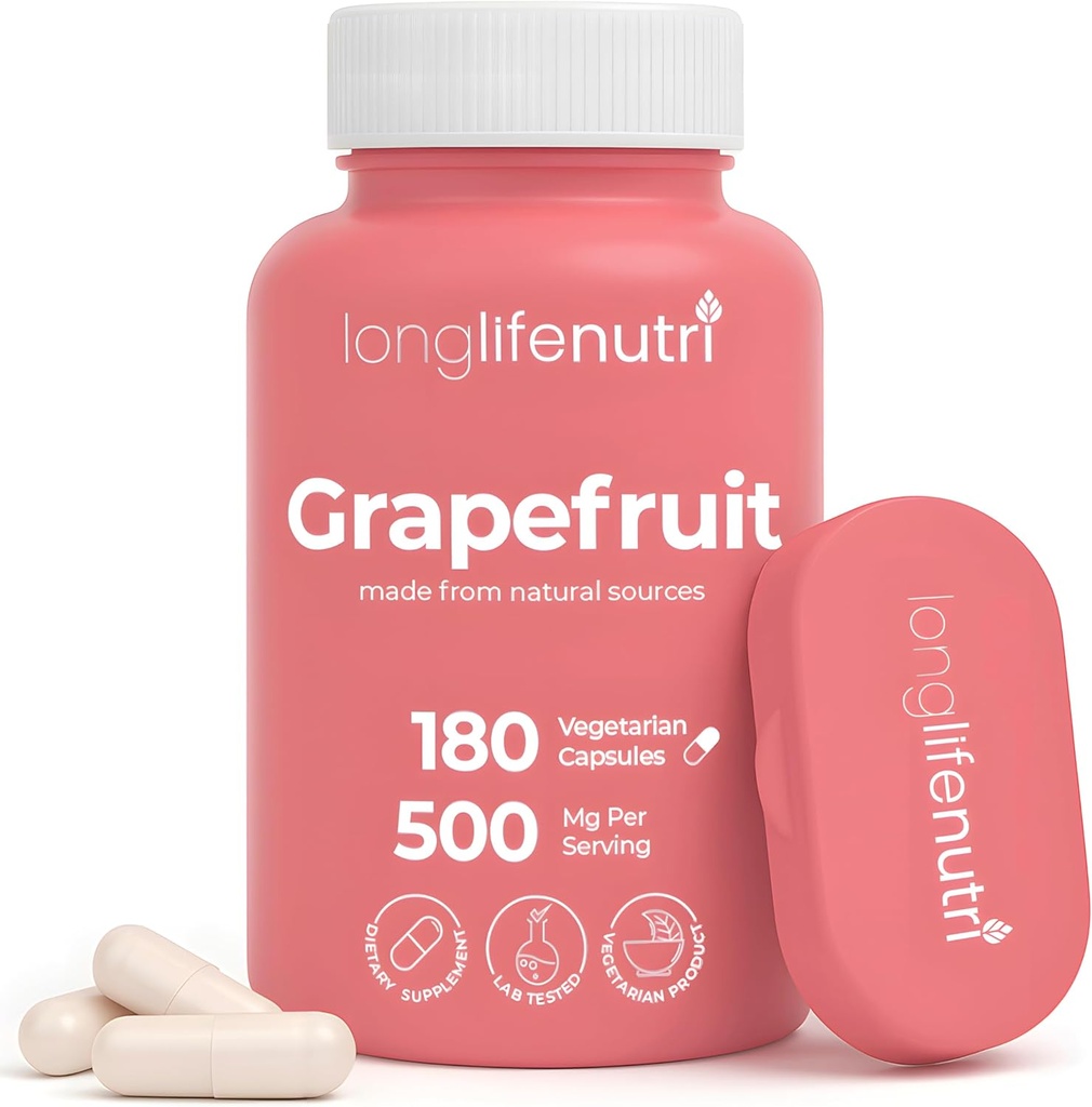 Grapefruktfrøekstrakt 500mg - Avledet fra Citrus Paradisis, 180 vegetariske kapsler, organisk naringin Supplement for daglig energi og balanse, 6-måneders forsyning, GMP-sertifisert, laget i USA