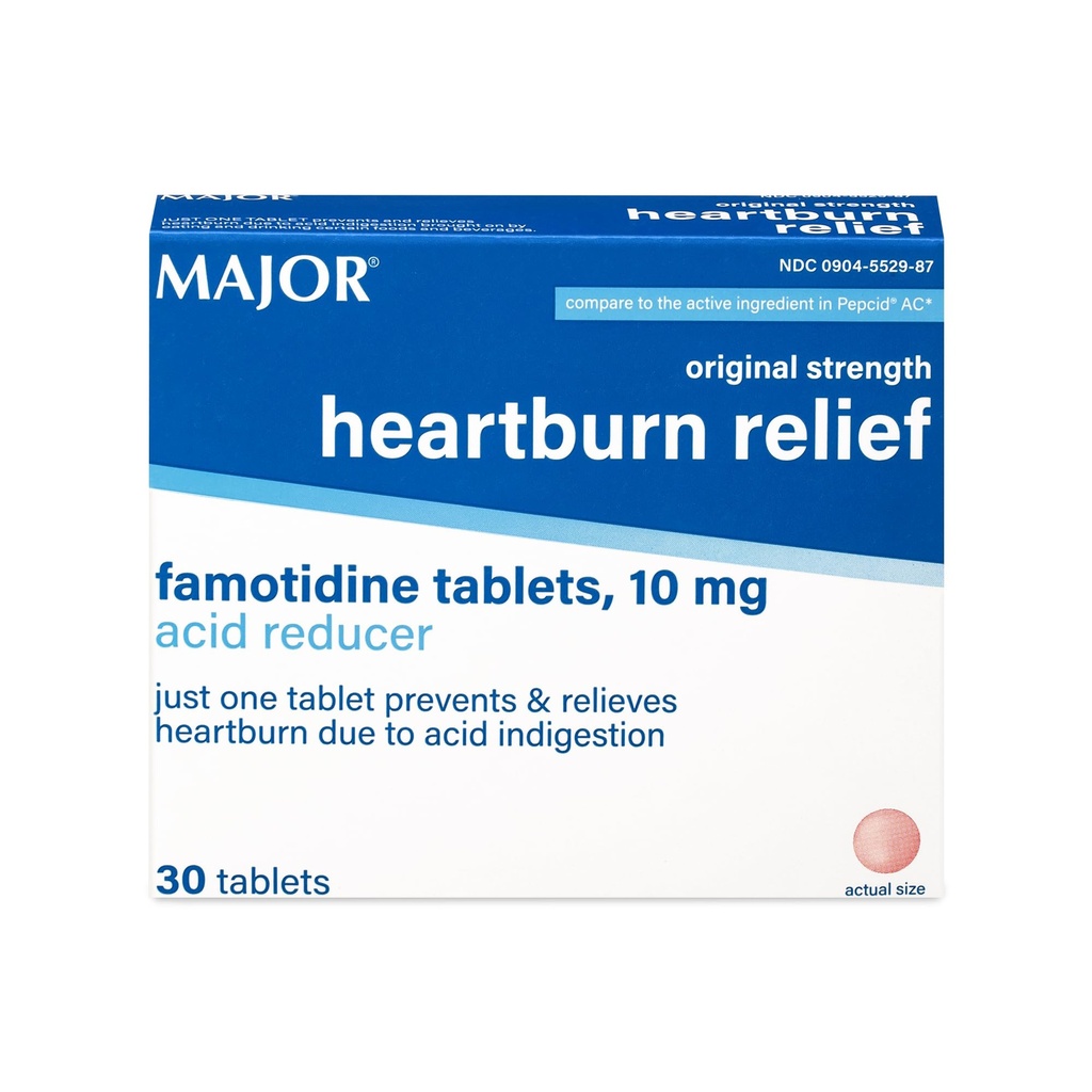 MAJOR Opprinnelig styrke Heartburn Relief - Famotidin tabletter, 10 mg - Acid Reducer - 30 tabletter (1-pakke)