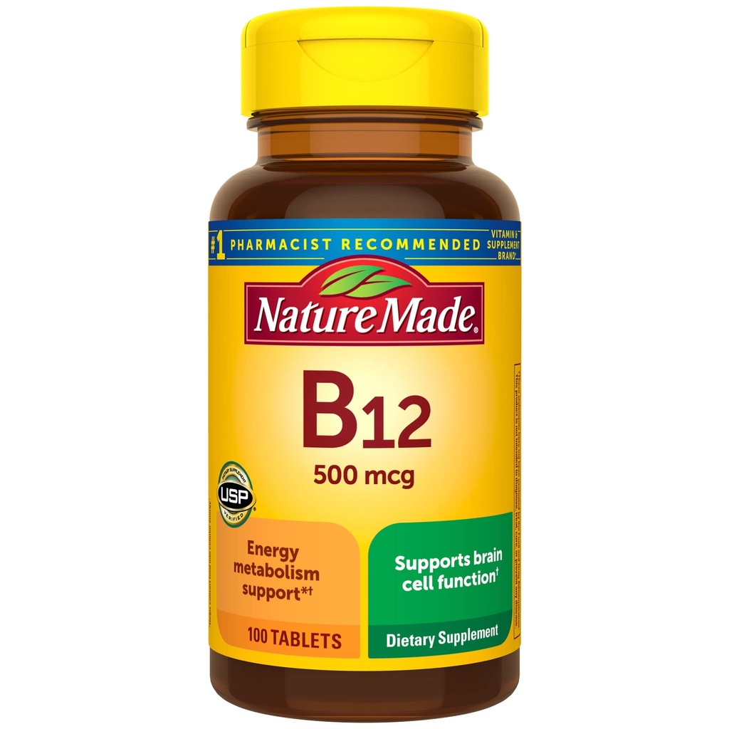 Naturlaget vitamin B12 500 mikrog, kosttilskudd for energimetabolisme støtte, 100 tabletter, 100 dagers forsyning