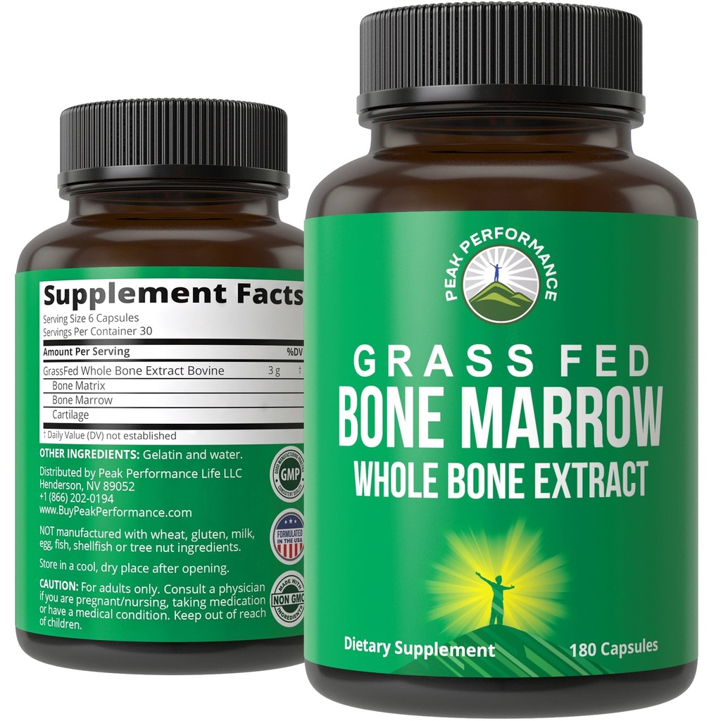 Peak Performance Grass Fed Bone Marrow - Hele beinekstrakt Supplement 180 kapsler Superfood piller rik på kollagen, vitaminer og aminosyrer. fra Bone Matrix, Marrow, Cartilage. Ancestral tabletter