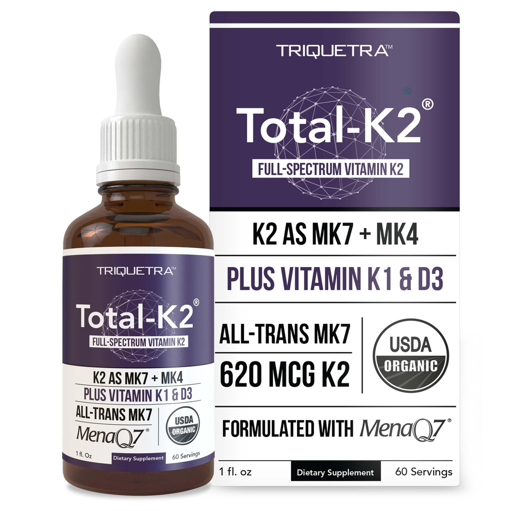 K2® Vitamin K2 som MK7 & MK4 Plus K1 & Vitamin D3 Cofactor - 620 mg K2 per servering - All-Trans MK7 fra MenaQ7® - Full-Spectrum Vitamin K - Vegansk, organisk sertifisert (Liquid 1 oz)