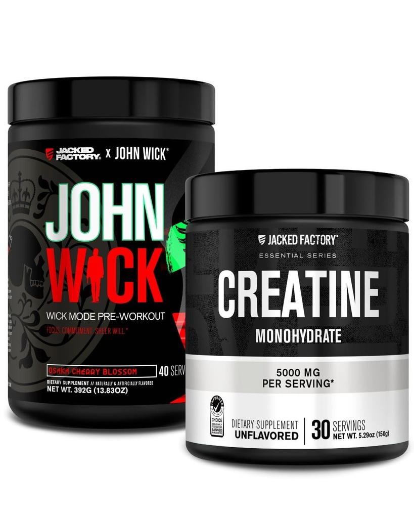 Jacked Factory X John Wick - Wick Mode Pre Workout pulver (Osaka Cherry Blossom, 40 Serveringer) & Kreatin Monohydrat pulver (uovertruffen, 30 Services)