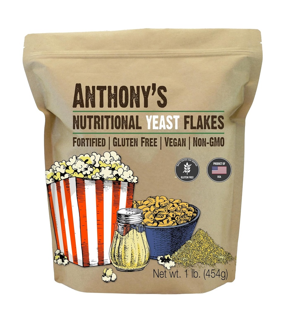 Anthony's Premium Næringsmiddel Yeast Flakes, 1 lb, Forsterket, Glutenfri, Ikke GMO, Vegan