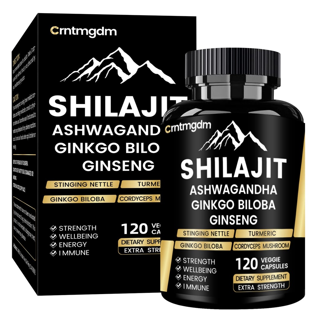 Shilajit Kapsler - 20 000mg ren Himalayan Organic Shilajit for menn og kvinner med Ashwagandha, støtter Vitalitet og velvære, Premium Shilajit ren Himalayan Supplement, 120 Kapsler