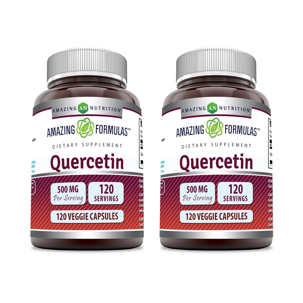 Amazing Formler Quercetin 500mg Veggie kapsler Supplement | Ikke-GMO | Glutenfri | Støtter generell helse og velvære (120 greve | 2 pakke)
