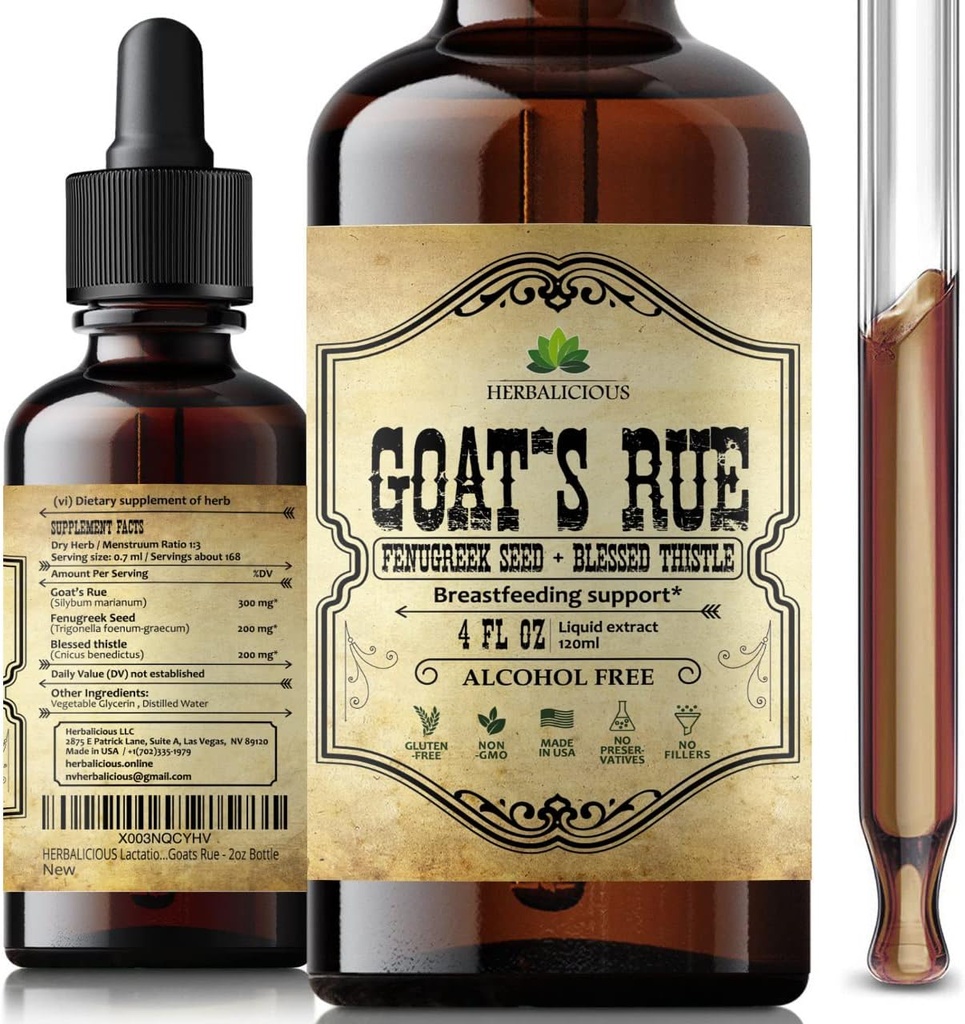 HERBALICIOUS Goat Rue Liquid Extract 4 fl oz - Naturlig Herbal Tinktur med Goats Rue, Fenugreek frø, velsignet Thistle - alkohol gratis ikke-GMO Lactation Supplement for økt brystmelk