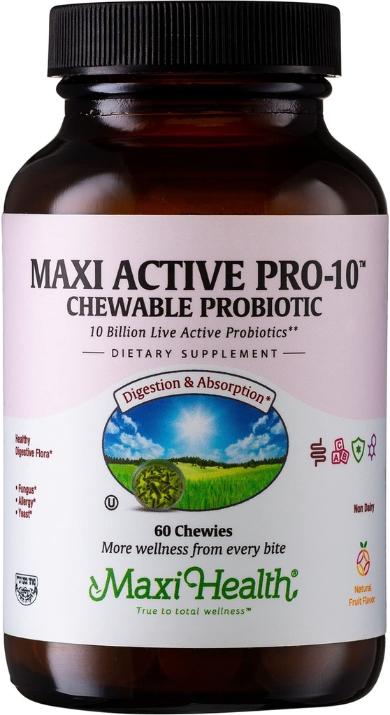 Maxi Health Active Pro-10 Kids Probiotic Chewables – 15 Strains for Digestive & Immune Health – 10 Million probiotic Blend- Dairy-Free, Kosher – Støtter Gut Helse, Vegetarisk – 60 ct (Shelf Stable)