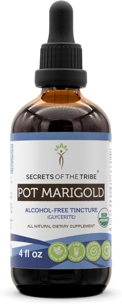 Hemmeligheter av Tribe Pot Marigold USDA Økologisk | Alkohol-fri ekstrakt, høy potens Herbal dråper | laget av 100% sertifisert Organic Pot Marigold (Calendula, Calendula Officinalis) Tørket blomst (4 oz)