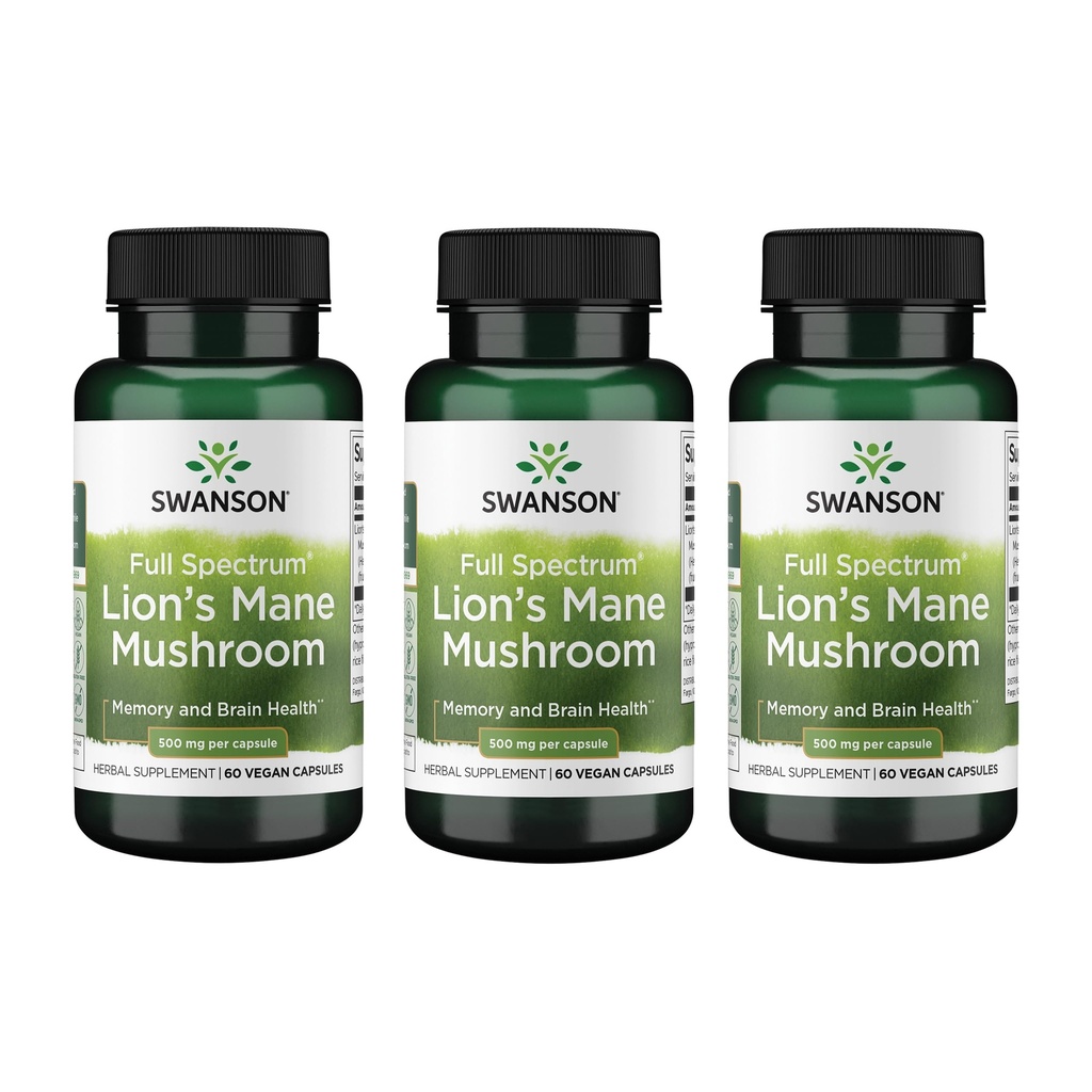 Swanson Lions Mane Mushroom - Tradisjonell Brain Booster Supplement laget av Hericium Erinaceus (60 kapsler, 500mg Hver) 3 Pakke