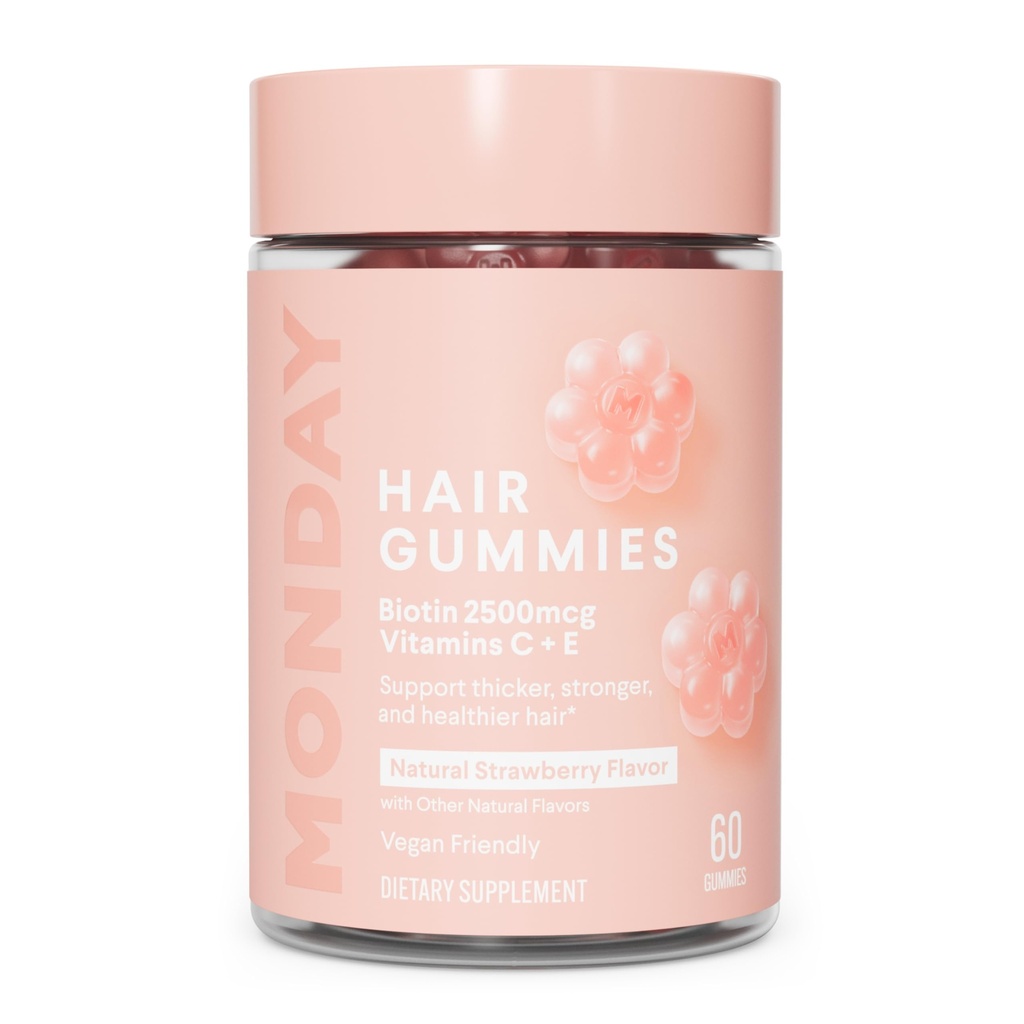 MONDAY HAIRCARE Hår Gummies med 2500 mcg Biotin, vitamin C & Vitiman E for tykkere, sterkere og sunnere hår 60ct