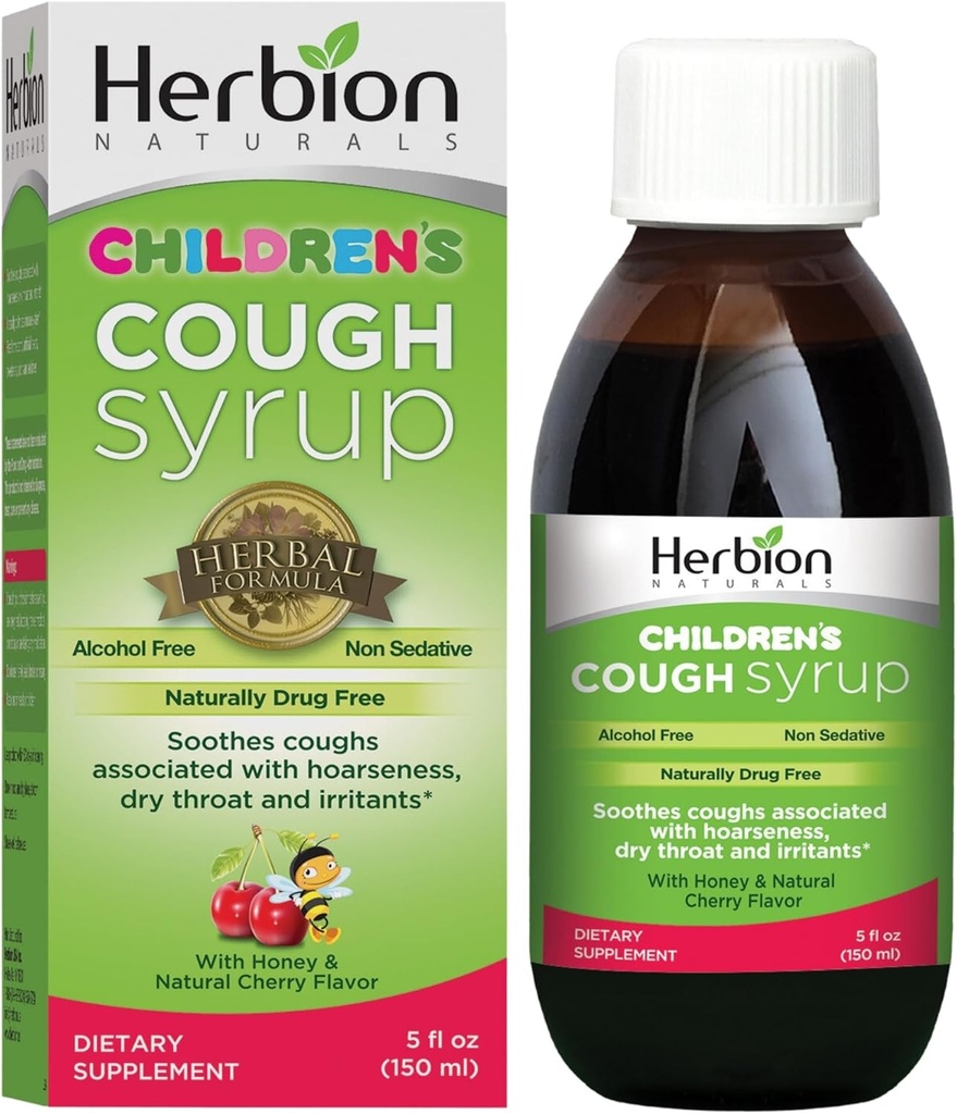 Herbion Naturals Cough Syrup for barn 5fl God Tasting Supplement med naturlig honning og flavor hjelper leeve Cough fremmer sunn lungefunksjon immunitet for barn 13 og over., Grønn, Cherry, 5 Fl Oz