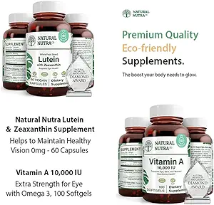 Naturlig Nutra Lutein og Zeaxanthin Supplement Soya Free, 20mg - 60 kapsler og vitamin A 10.000 IE, bidrar til å opprettholde sunn visjon med Omega 3, 100 Glutenfri Softgels
