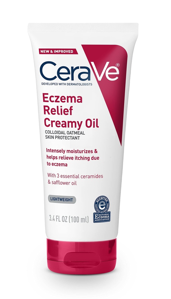 CeraVe Eczema Relief Kremete Body Oil, Eczema beroligende krem med kolloidal havregryn og saflower olje for tørr hud og kløende hud relief, steroid gratis og parabenfri, 3.4 Ounce