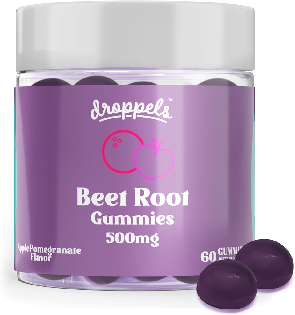 Droppels Beet Root Gummies med Beetroot pulver 500mg, Grape Seed Extract 300mg, vitamin B12 & Niacin | Vegan, Pektin-basert og ikke-GMO Beetroot Supplement, Apple Pomegranate Flavor, 60 Count