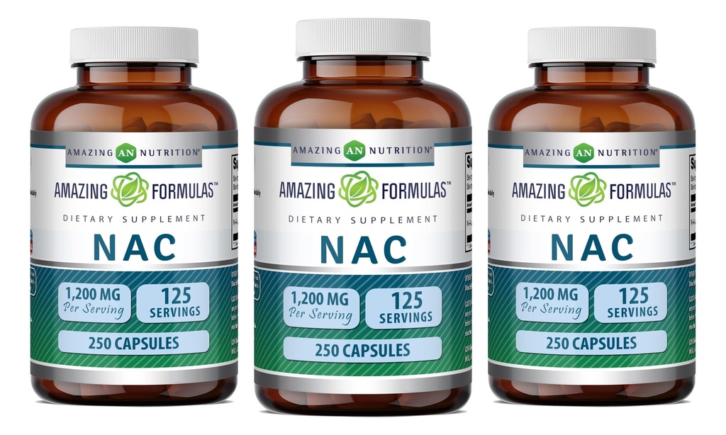Amazing Formler NAC 600 Mg | N-Acetyl Cysteine Supplement | Kapsler | Ikke-GMO | Glutenfri | Laget i USA (3 Pack, 250 Count)