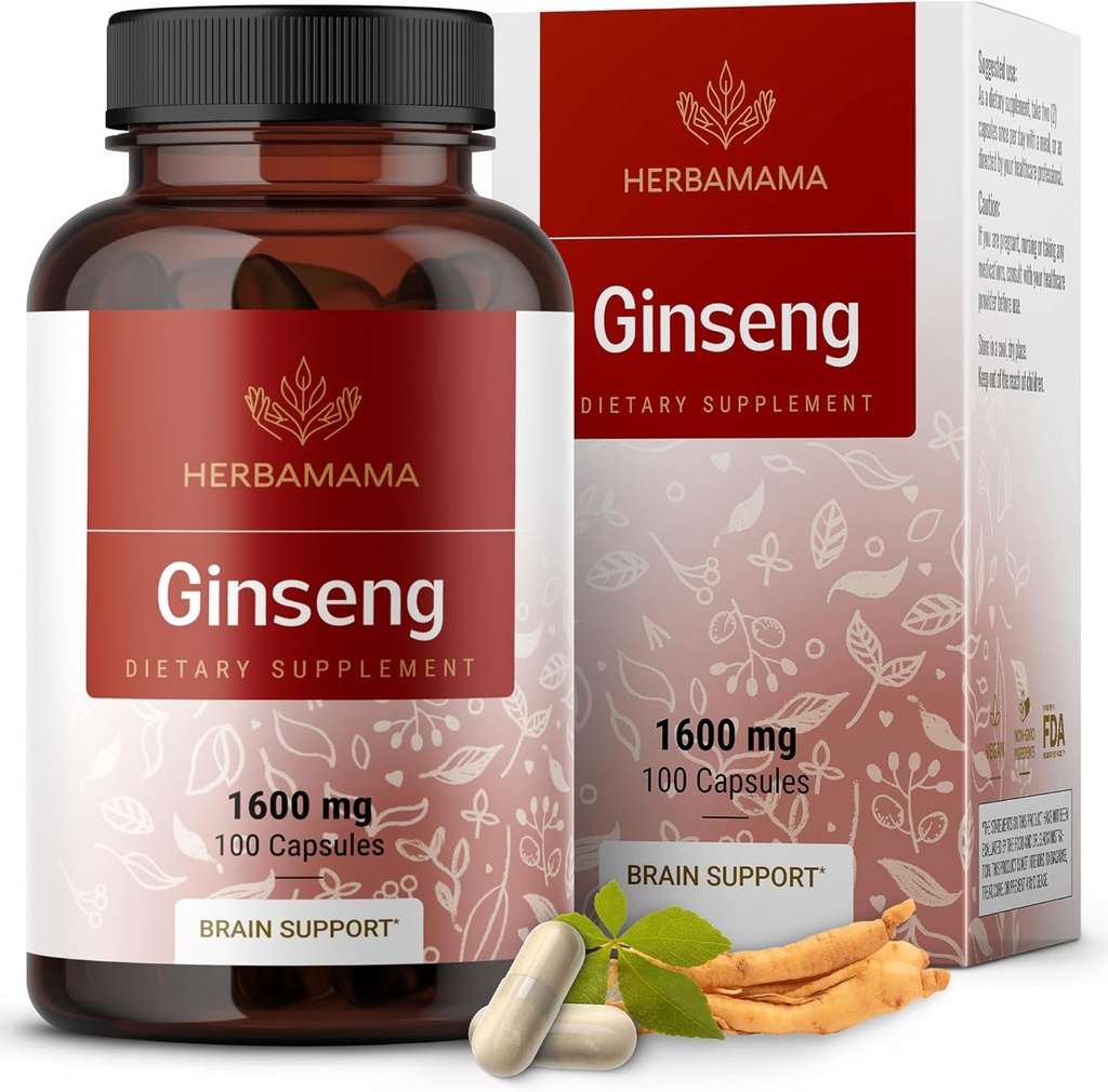 HERBAMAMA Korean Panax Ginseng Kapsler - 1600mg Rød Ginseng Root - Vegansk, ikke-GMO Korean Red Panax, 100 Caps