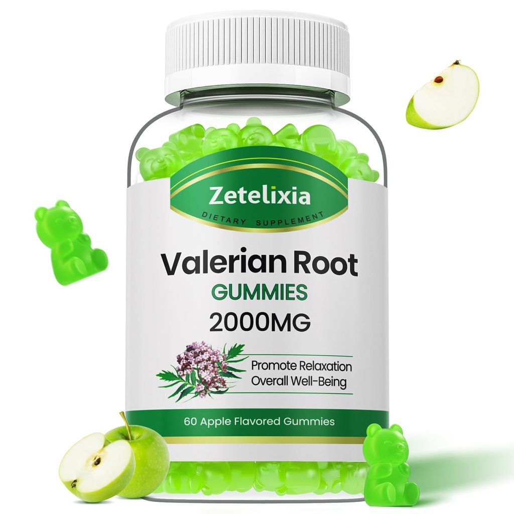 Organic Valerian Root Gummies, Herbal Supplement for avslapning og Mood Support, Sleep Gummies uten Melatonin for voksne, Vegan, Ikke-GMO, Apple Flavor, 60 Antall