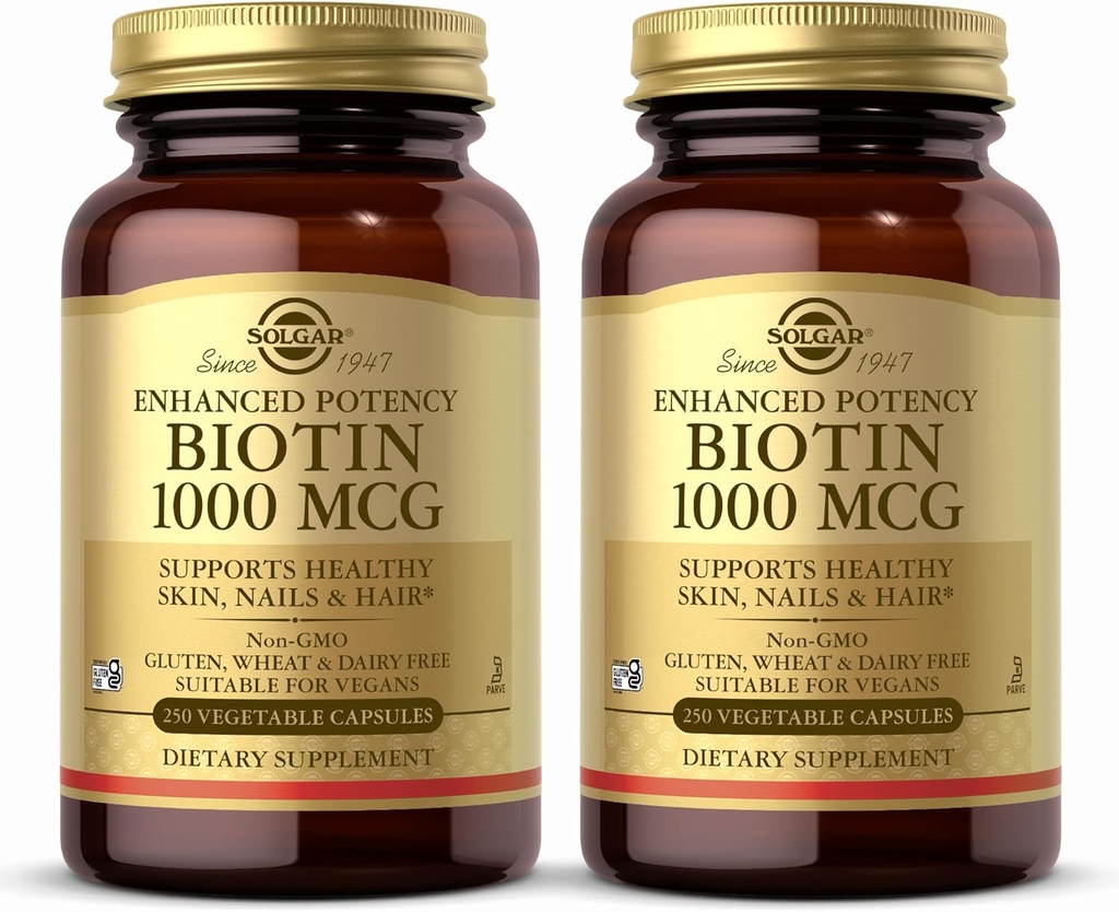 Solgar Biotin 1000 mcg, 250 Grønnsaker Kapsler (pakke med 2) - støtter sunn hud, negler og hår - Energimetabolisme - Forbedret styrke - Ikke-GMO, Vegan, Glutenfri, Dairy Free, Kosher - 500 Services