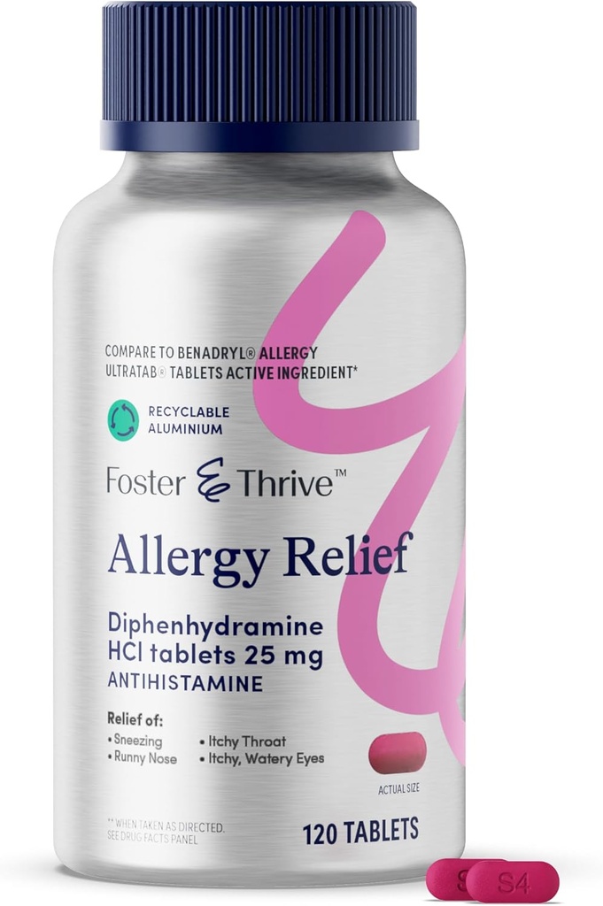 Foster & Thrive Diphenhydramine 25mg Allergi Relief for sesongmessige allergier, kløende vannaktige øyne, sneezing, rennende nese, raskere antihistamin medisin for barn og voksne