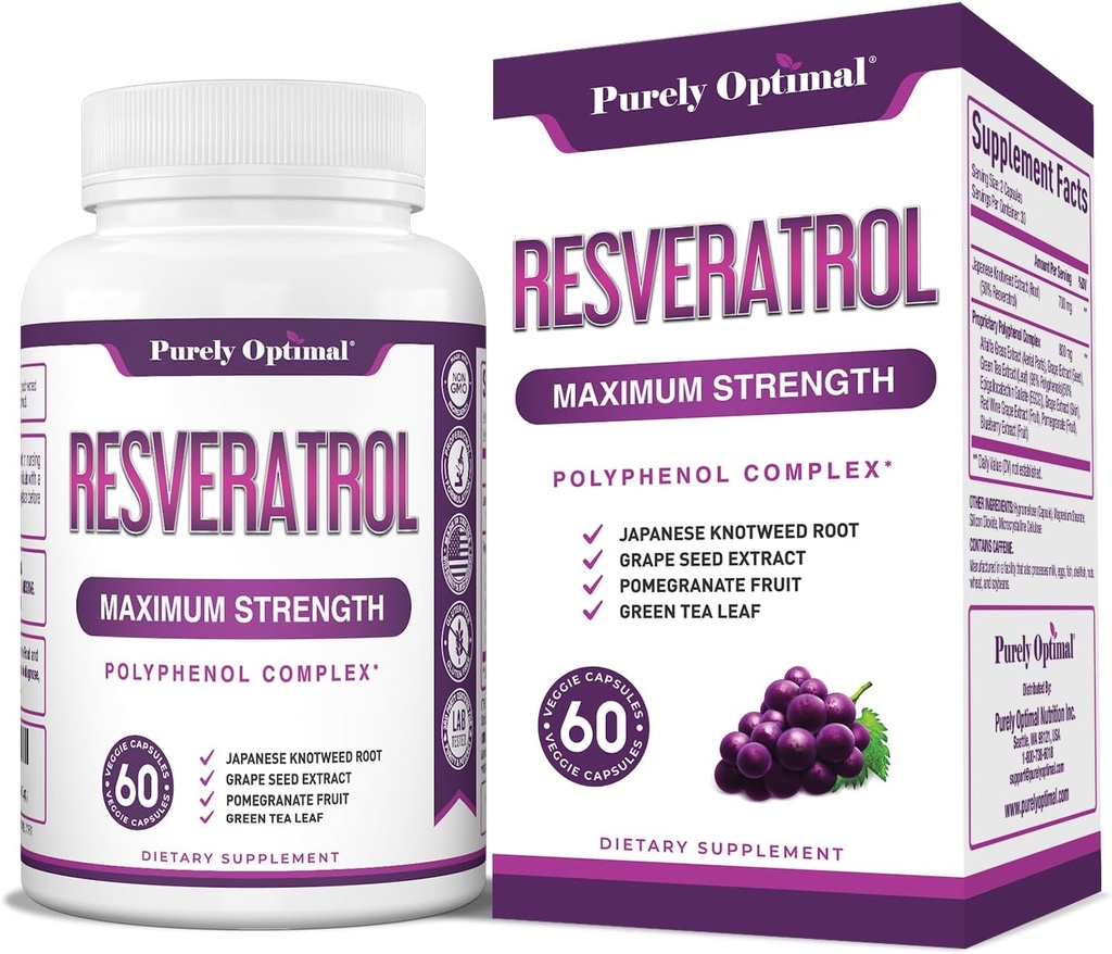 Rent optimal Resveratrol Supplement 1500mg – Trans-Resveratrol fra japanske Knotweed, polyfenol kompleks – støtter nådefull aldring, vitalitet, kognitiv og hud helse – 60 veganske kapsler