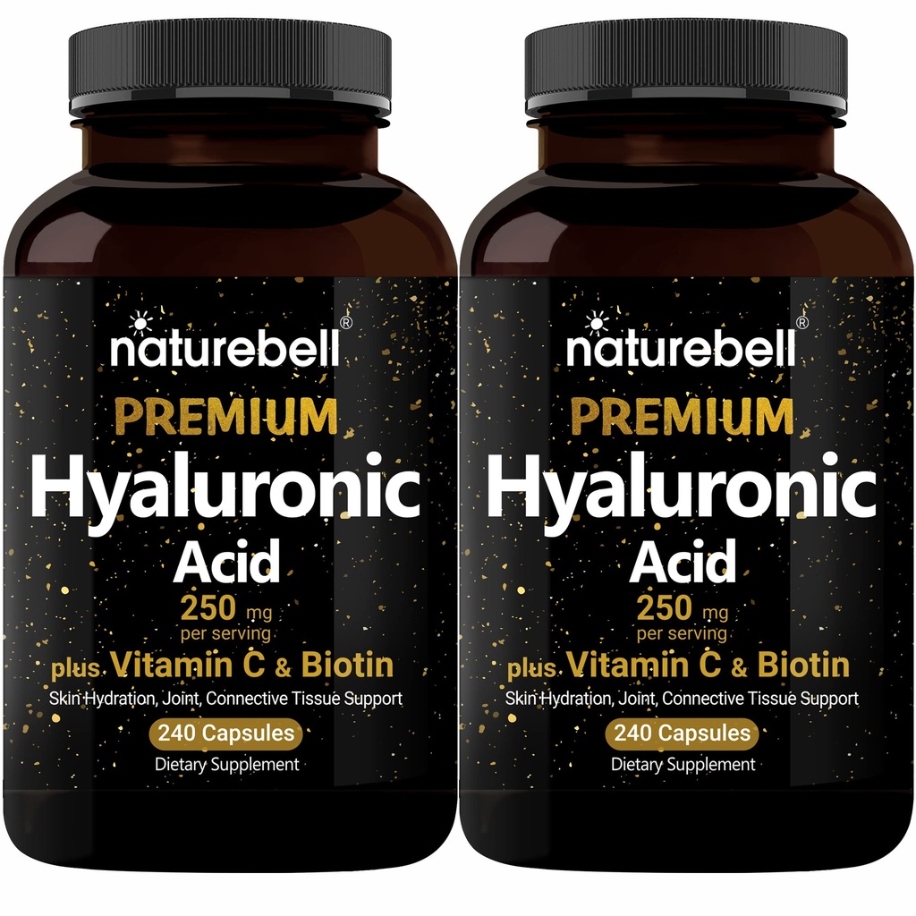 NatureBell 2 Pack Plant Basert Hyaluronsyre Kosttilskudd 250mg med 25mg Vitamin C & Biotin 5000mcg, 480 Totale Kapsler essensiell for hårvekst, felles støtte, & Hydrating Hud Ikke-GMO