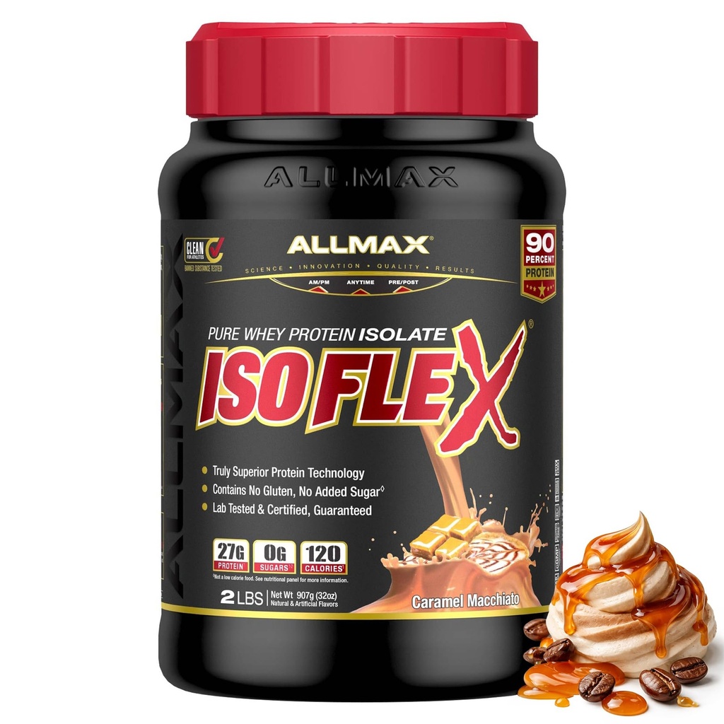 ALLMAX Nutrition ISOFLEX Whey Protein Isolate, Caramel Macchiato - 2 lb - 27 Gram av Protein Per Scoop - Zero Fat & Sukker - 99% Laktose Gratis - Glutenfri & Soya Gratis - Omtrent 30 Services