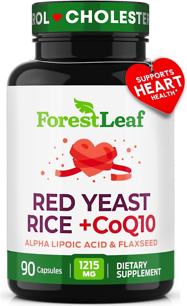 Rød Yeast Rice 1215 mg. Kapsler - Ekstra styrke rød ris Yeast med CoQ10 Supplement, Plus Alpha Lipoic Acid & Organic Flax frø, Citrenin gratis, støtter kardiovaskulær helse, ikke-GMO 90 Veggie Caps