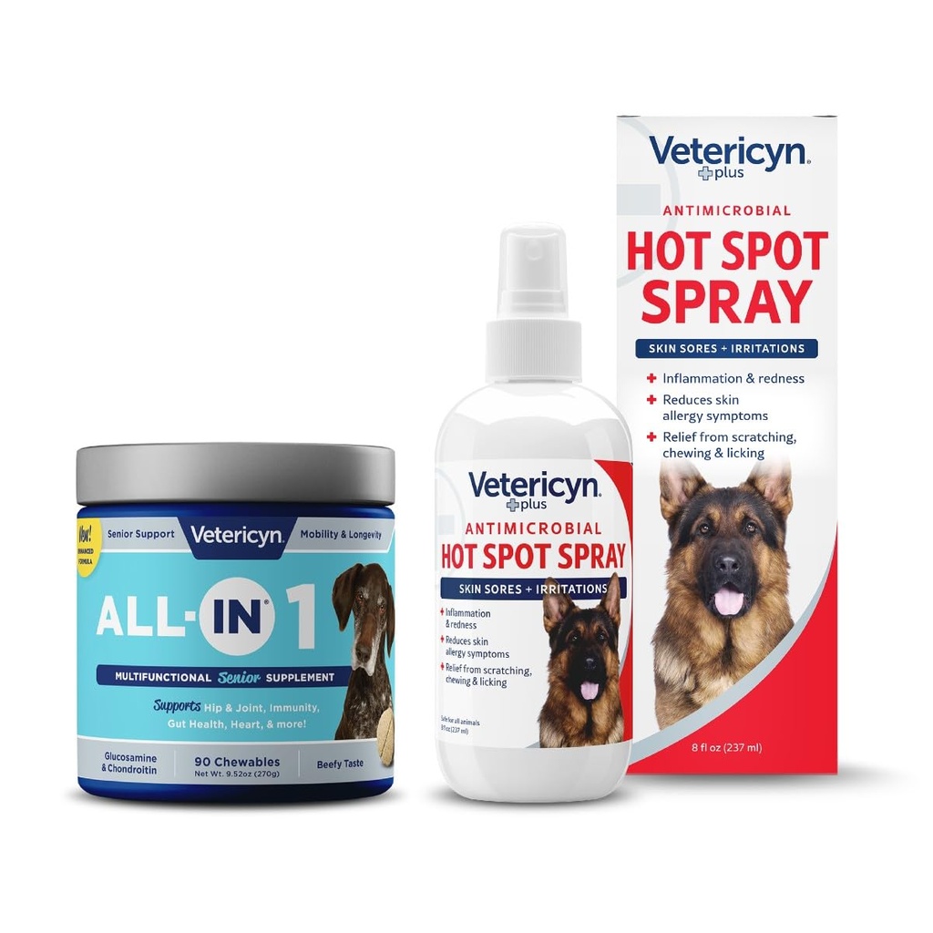 Vetericyn Alt-i 1 Multifunksjonell Senior Hund Supplement med Glukosamin og Vetericyn Plus Hot Spot Spray