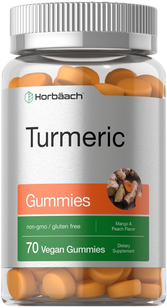 Horbäach Turmeric Gummies | 70 Greve | Mango & Peach Flavor | Turmeric Curcumin med Ginger | Vegansk Non-GMO & Glutenfri Supplement