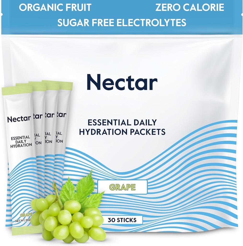 Nectar Hydration Packets - Electrolytes Powder Packets - Sugar Free & 0 Calorie - organisk frukt flytende daglig IV Electrolytes pulver for dehydrering Relief & Hurtig hydrering (Grape 30 Pack)