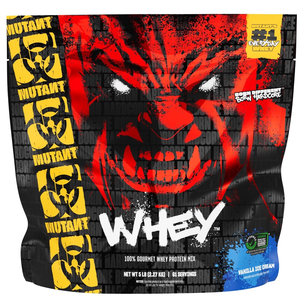Mutant Whey - 100% Whey Protein Powder Shake, Gourmet Smak, 22 g protein, rask absorbering, lett diading, 5lbs - Vanilla Iskrem