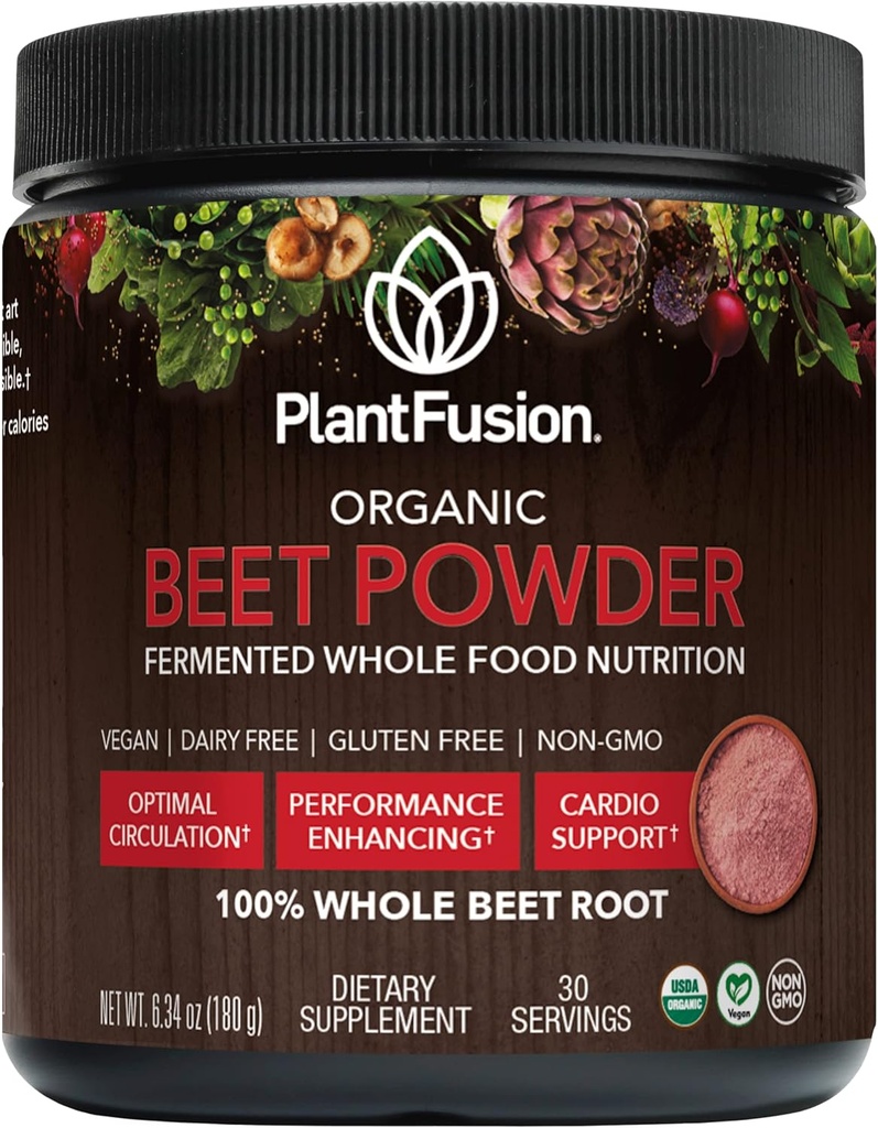 Plantefusjon Organic Beet Root Powder - Superfood Beet Supplement for å støtte blodflow og sirkulasjon - Fermentert hele mat ernæring - ikke-GMO, Vegan, Glutenfri, 6.34 oz 30 Serveringer