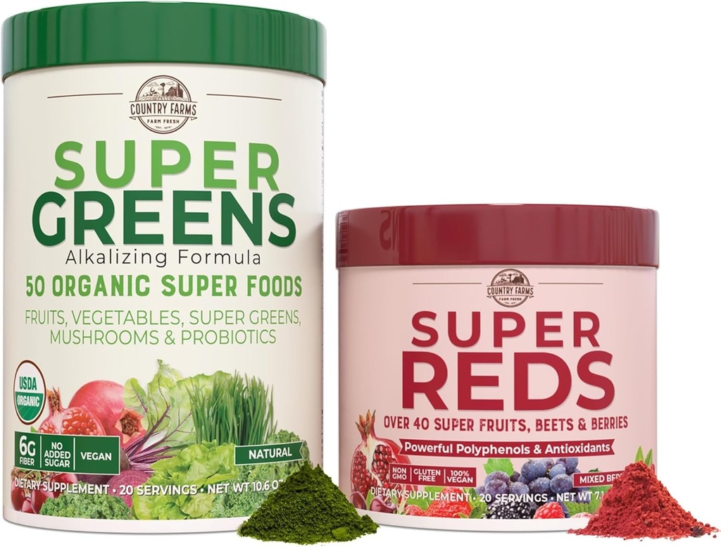 COUNTRY FARMS Essential Pack, Super Greens Powder og Super Reds, pakket med 50 organiske supermatvarer og 40 Super Frukter, Naturlig Energi, Bloating Support, Unflavored & Berry Flavor, 17.7 oz, 2 Pack