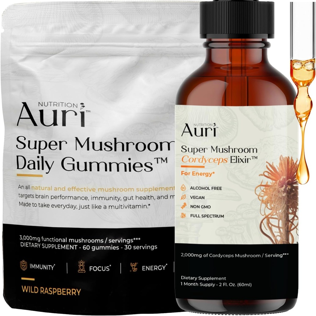 Auri energi og immunforsterkningspakke Super Mushroom Daily Gummies Cordyceps Elixir Bundle - Daglig velvære for fokus, utholdenhet og lang levetid - 60 Gummies + 60 ml Tinktur