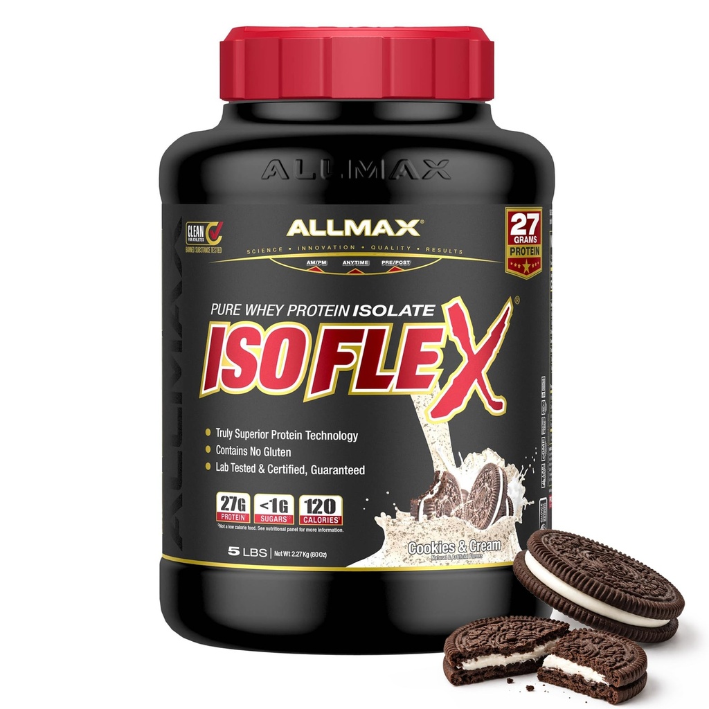 ALLMAX Nutrition - ISOFLEX Whey Protein pulver, Whey Protein Isolere, 27g Protein, informasjonskapsler og krem, 5 pund
