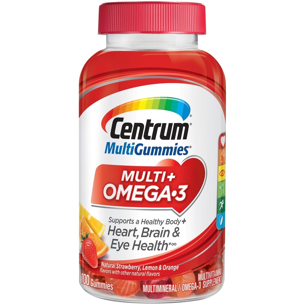 Centrum MultiGummies Omega 3 Gummy Multivitamin for voksne, Multivitamin/Multimineralt Supplement, Jordbær/Lemon/Orange Flavors - 100 greve
