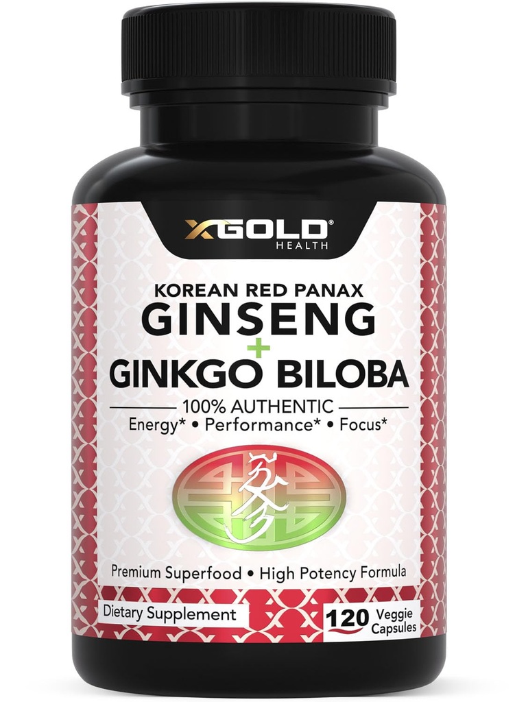 Autentisk koreansk rød Panax Ginseng 1200mg + Ginkgo Biloba 160mg – høy ginsenosides ekstra styrke – energi, minne, fokus og hjerne helse – Veganske kapsler for menn og kvinner – 120 teller