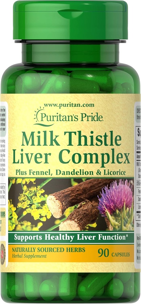 Puritan Pride Milk Thistle Liver Complex, støtter sunn leverfunksjon, 90 greve, hvit