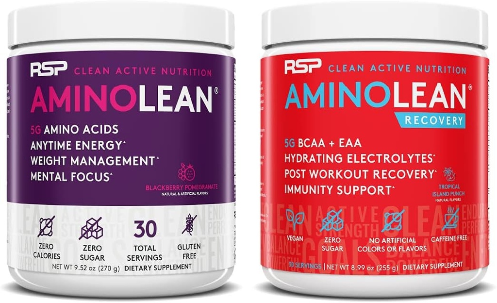RSP NUTRITION AminoLean pre trening energi (BlackBerry Pomegranate 30 serveringer) med AminoLean Recovery Post Trening Boost (Tropical Island Punch 30 Serveringer)